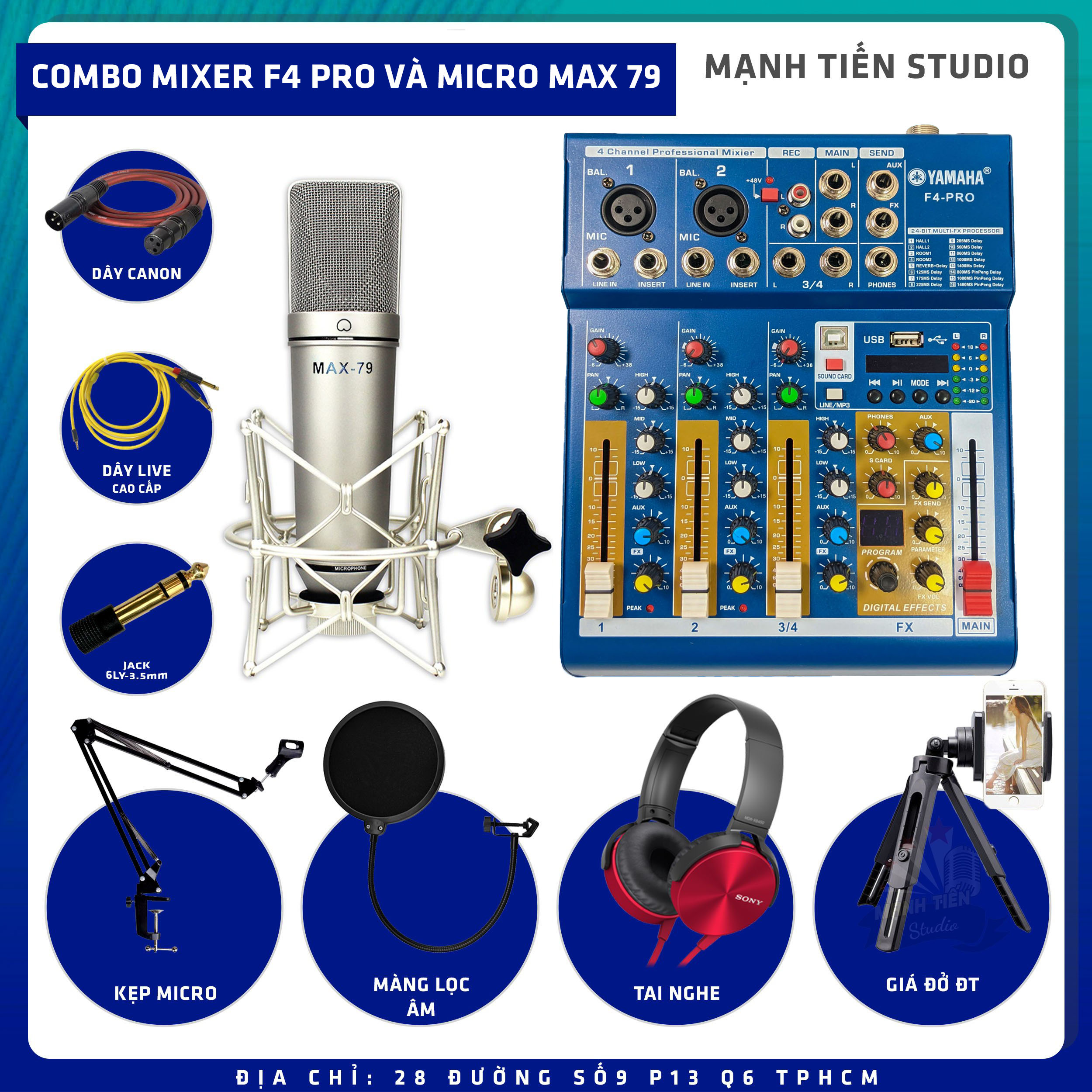 Combo thu âm, livestream Micro Max 79, Mixer F4 Pro - Kèm full phụ kiện kẹp micro, màng lọc, tai nghe, giá đỡ ĐT, dây canon, dây livestream - Hỗ trợ thu âm, karaoke online chuyên nghiệp - Hàng nhập khẩu