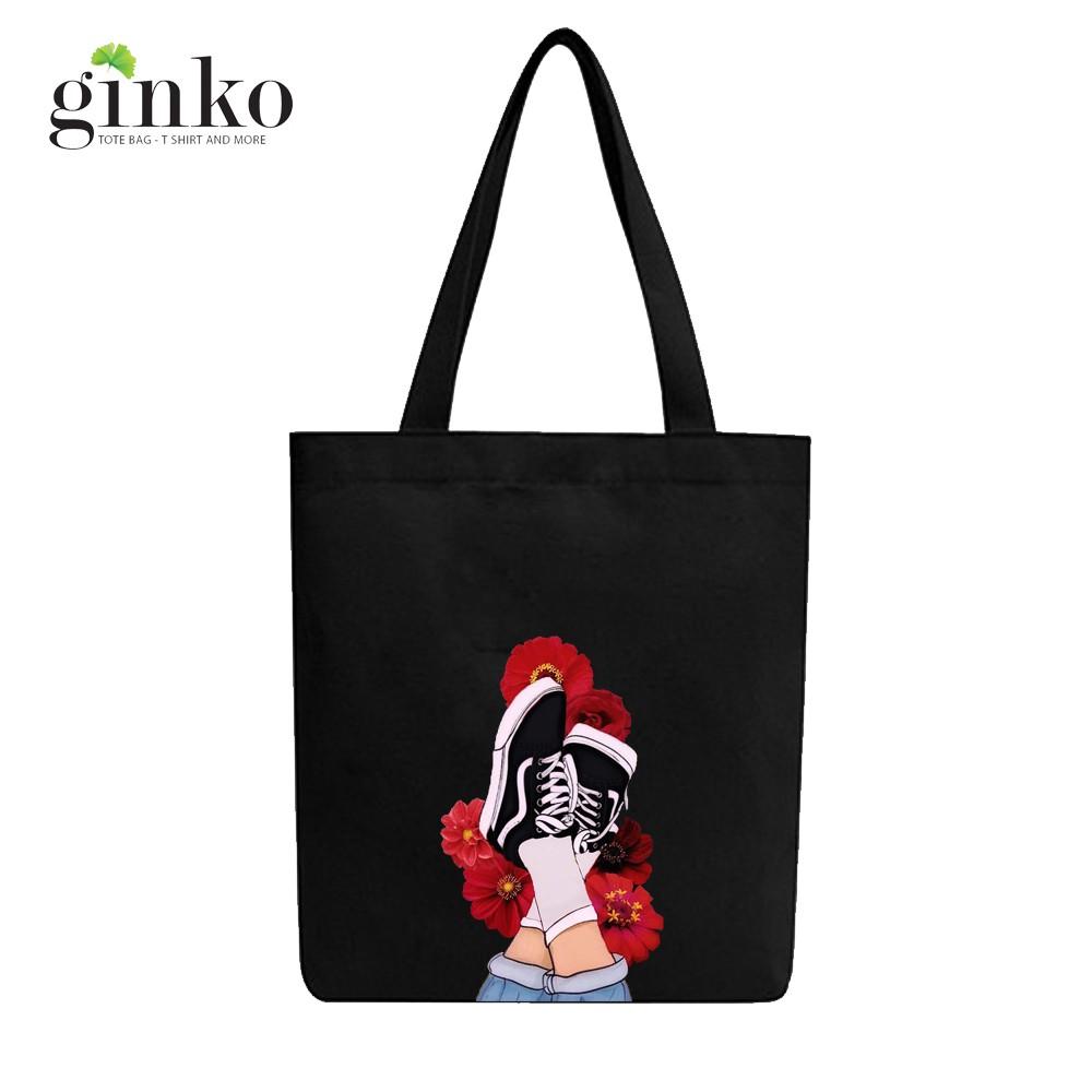 Túi Tote Vải Canvas Ginko kiểu basic có dây kéo khóa miệng túi( có túi con bên trong) đựng vừa laptop 14 inch và nhiều đồ dùng khác Phong Cách ulzzang Hàn Quốc In Style Sneakers B10