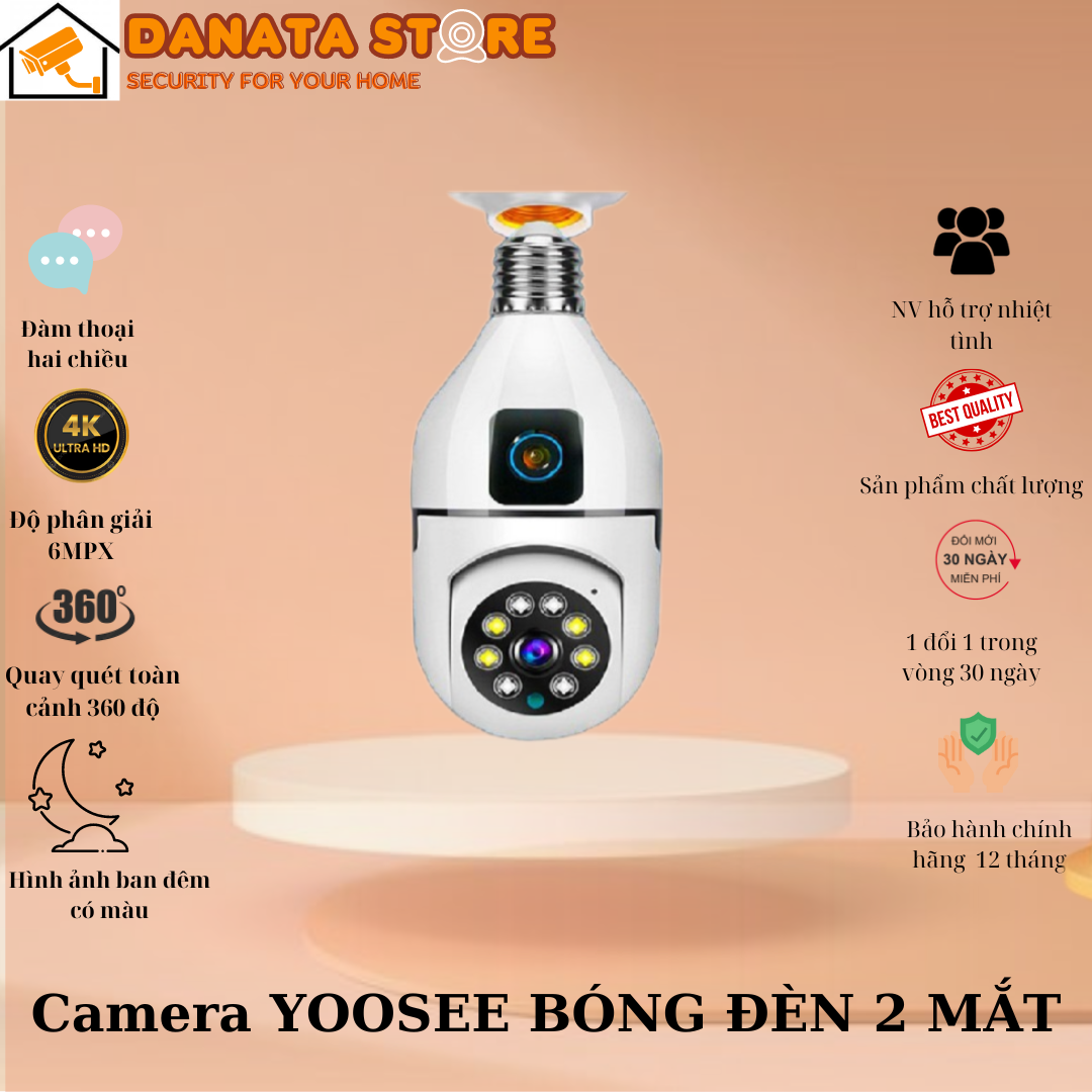 (Lỗi 1 đổi 1) Camera Yoosee BÓNG ĐÈN 2 MẮT (1 CỐ ĐỊNH, 1 XOAY) thế hệ mới 5.0MP - xoay 360 độ, xem đêm có màu - Hàng nhập khẩu