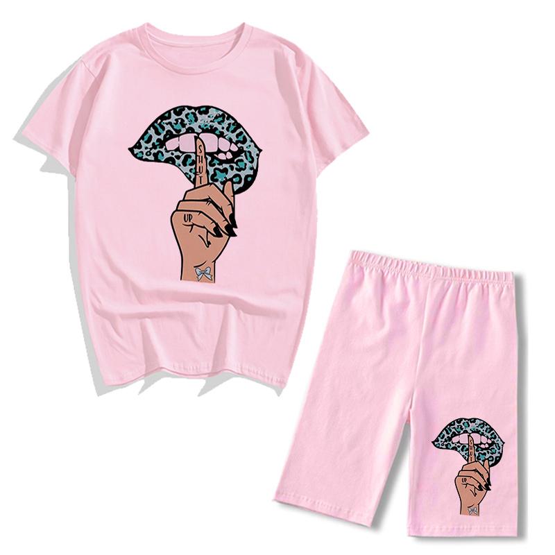 Mùa Hè Lepard Môi In Hình Biker Quần Short 2 Bộ Áo Thun Chui Đầu Nữ Áo Thun Nữ Quần Jogger Short Bộ Nữ Ngắn Phù Hợp Với Áo Trang Phục