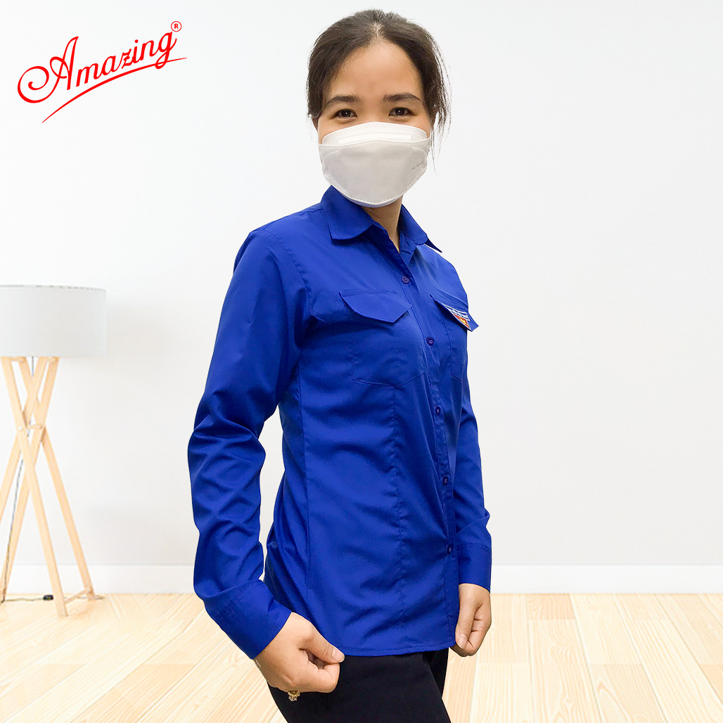 Áo sơ mi nữ đồng phục đoàn viên Việt Nam có chiết 4 ben eo, tay dài và tay ngắn thêu cờ đỏ sao vàng