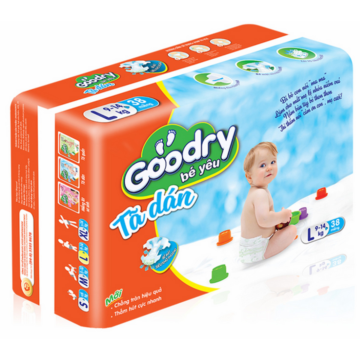 Bộ 3 Gói Tã Dán Goodry Bé Yêu L38 (9 - 14kg)