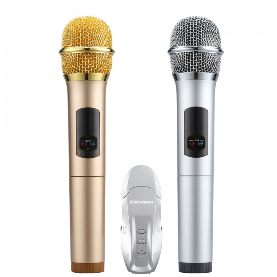 Micro Karaoke không dây hát trên ô tô Excelvan K18U, 02 mic, UHF (Vàng) - Hàng Chính Hãng