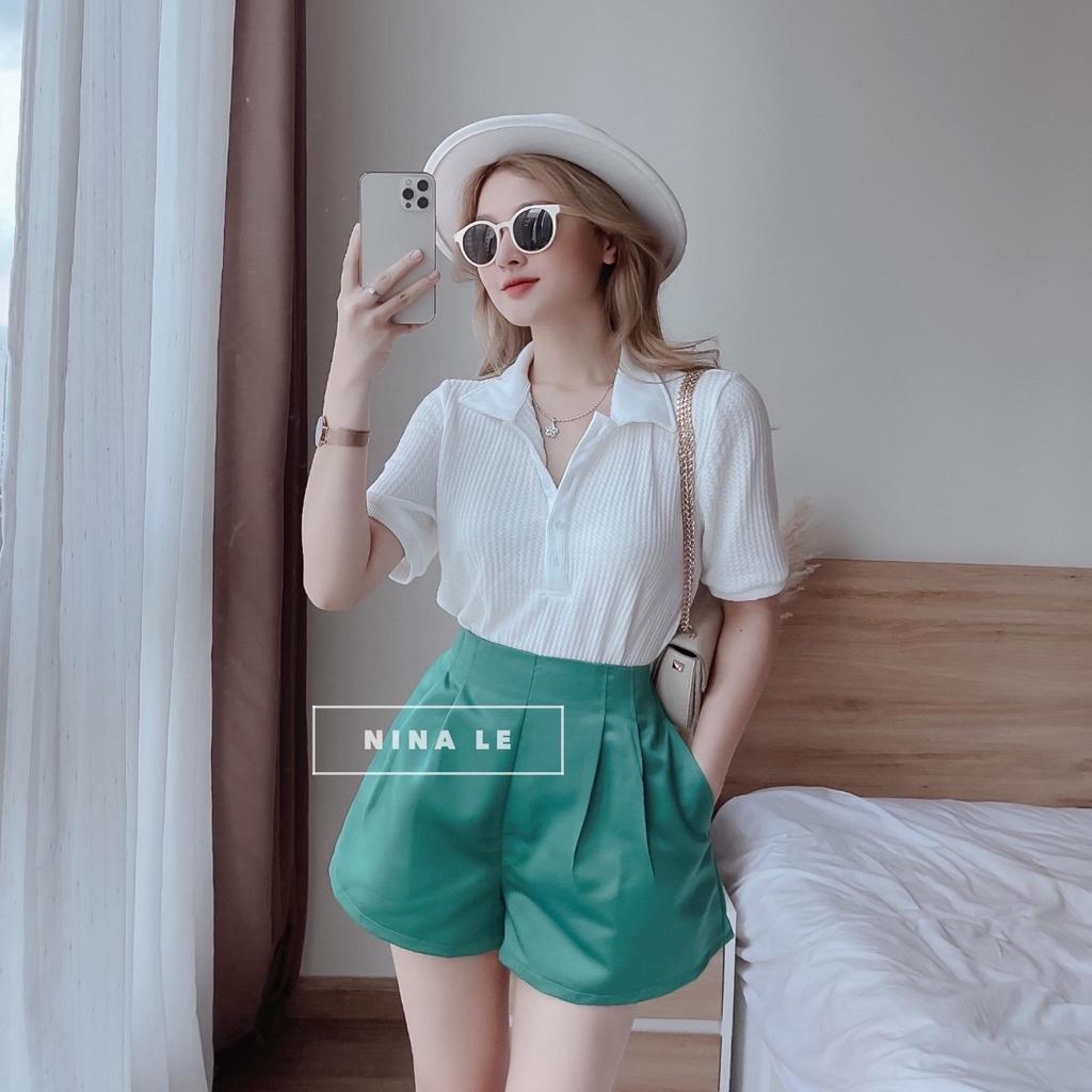 Bộ đồ nữ sang chảnh Set áo phông trắng cổ bẻ polo mix quần short ống rộng tacta xanh ngọc thời trang