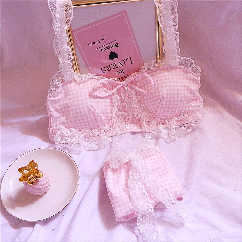 Cô Gái Ngọt Dễ Thương Dây Tự Do Thoải Mái Bộ Áo Ngực Animie Lolita Đồ Lót Nữ Phù Hợp Với Ren KẺ SỌC ĐÁNG Áo Ngực Và Quần bộ