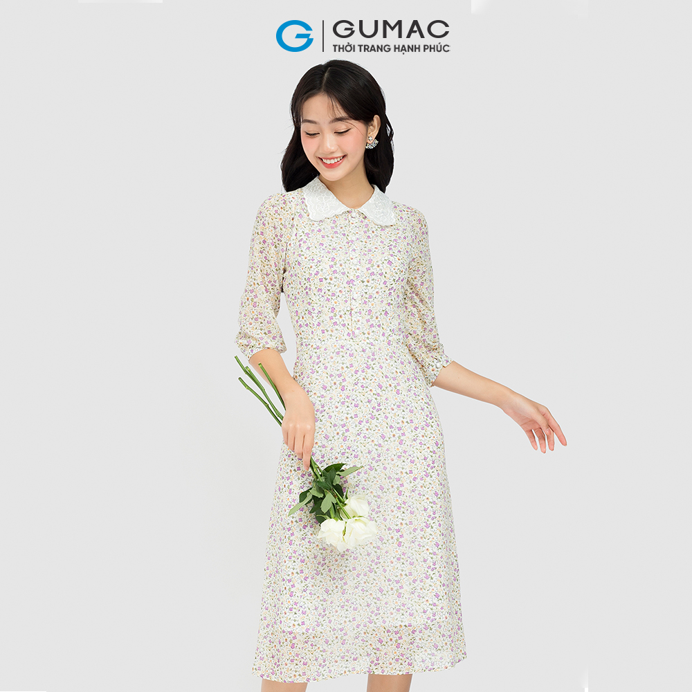 Đầm form A GUMAC LD0831 họa tiết phối cổ