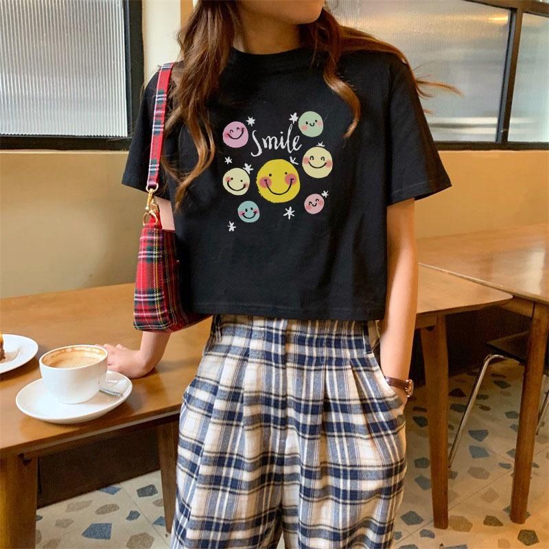 Áo croptop nữ tay ngắn cổ tròn vải thun cotton kiểu hàn quốc CR021 Miucho in hình hoạ tiết