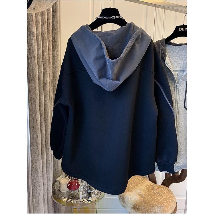 Áo Khoác Nỉ Bóng Unisex Túi Trước Mũ Phối Màu Dáng Thụng Màu Đen Basic
