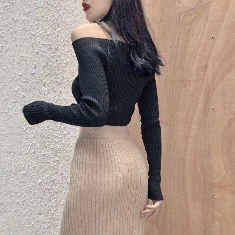 Áo Sweater dệt kim tay dài màu trơn phong cách retro