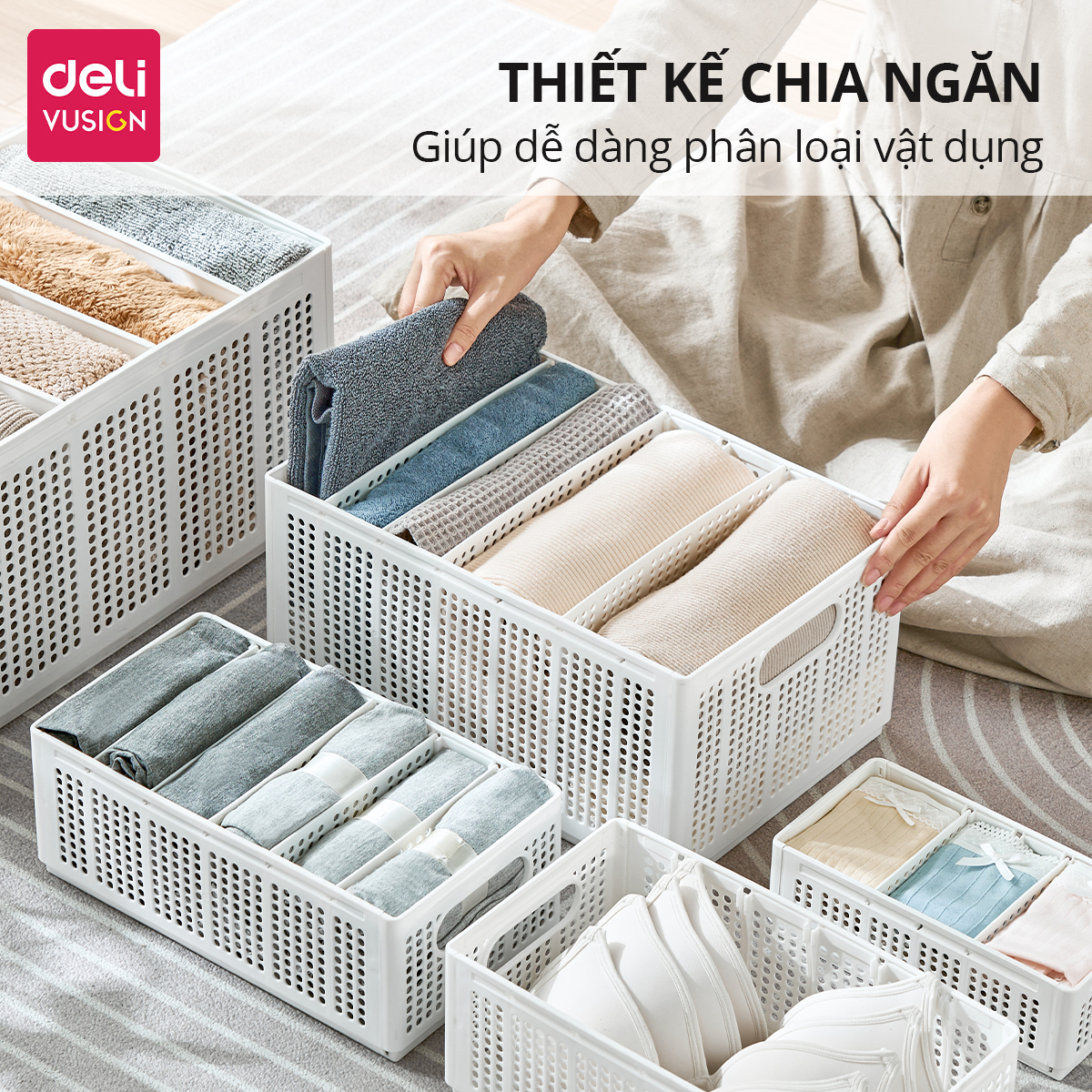 Hộp Nhựa Chia Ngăn DELI Có Thể Tháo Rời Xếp Chồng -Khay Nhựa Chia Ngăn Đựng Quần Áo Đồ