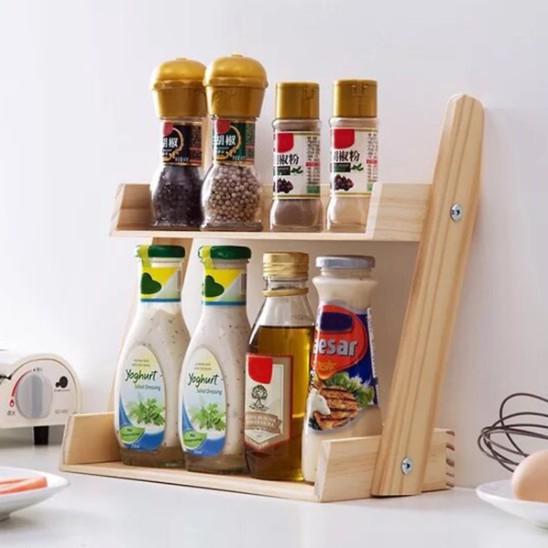 Kệ đỡ gia vị bằng gỗ thông đựng đồ đa năng dụng cụ nhà bếp kệ gia vị 2 tầng