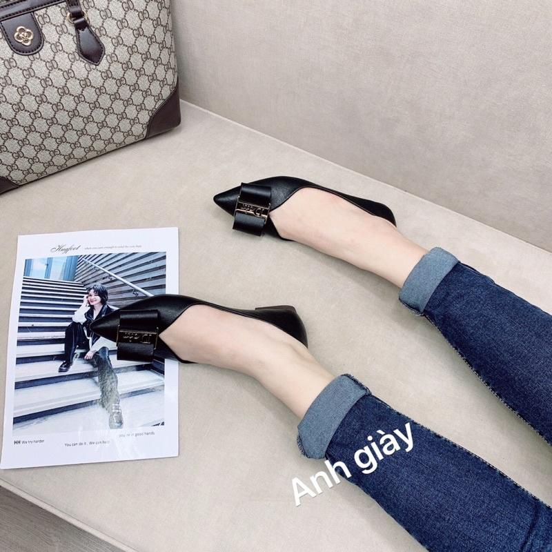 GB41 - Giày bệt da lì mũi nhọn nơ vuông to đế mềm,dẻo đi cựa êm chân