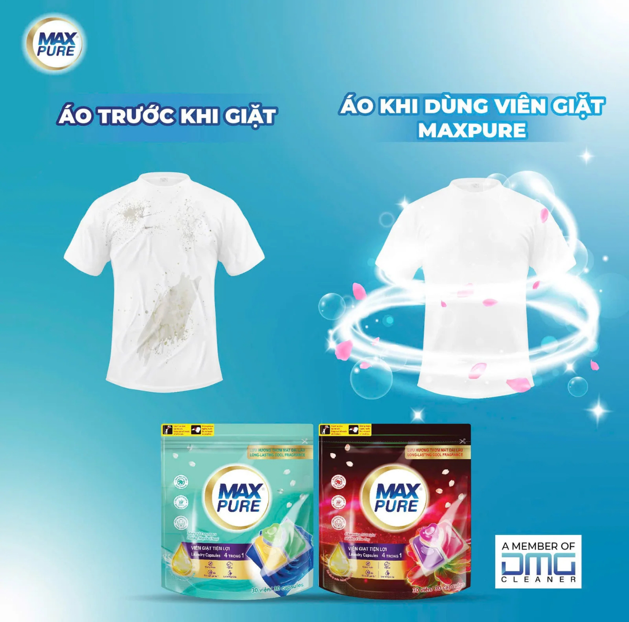 Túi 30 viên giặt tiện lợi MaxPure 4in1- TẶNG 1 vỉ viên treo bồn cầu