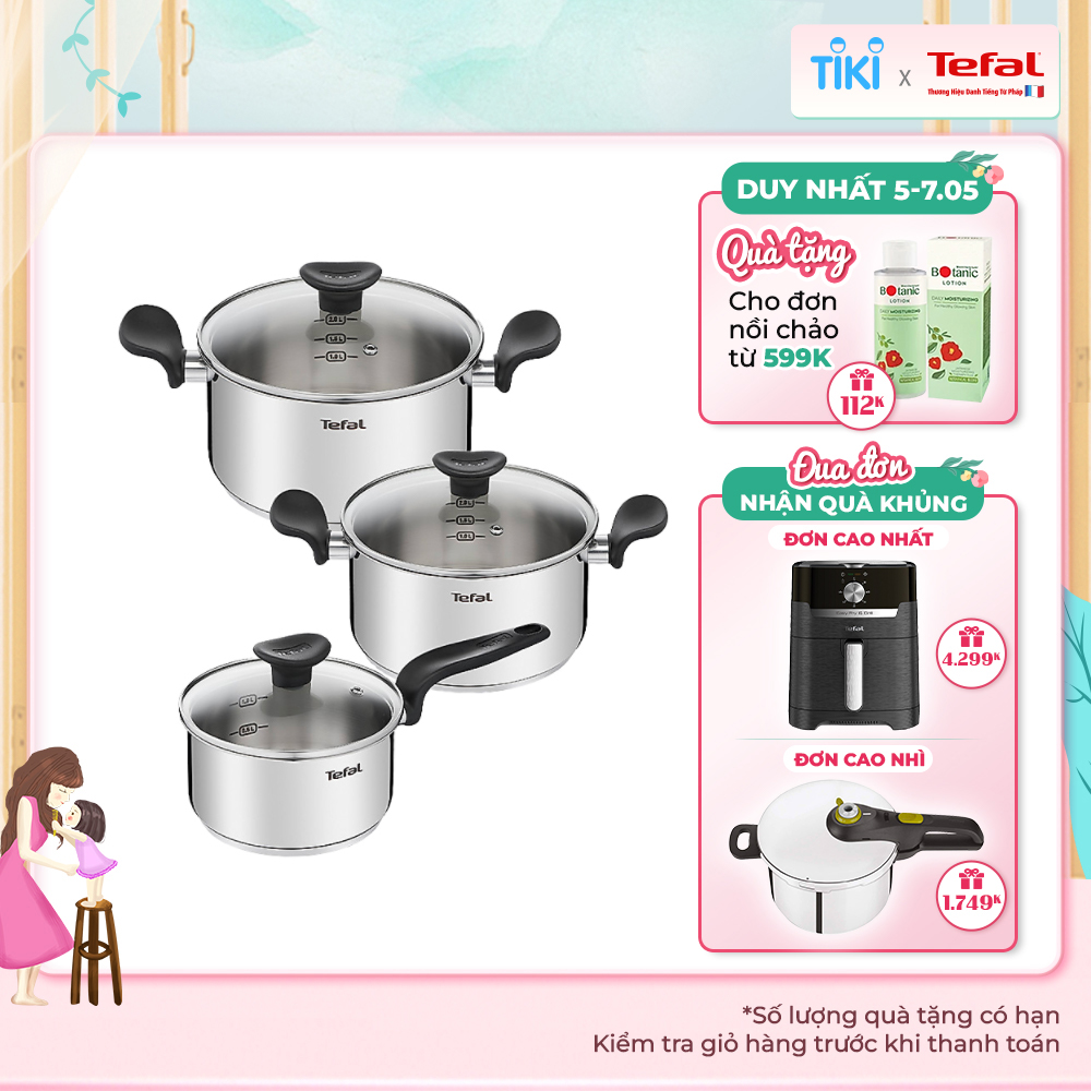 Bộ nồi Tefal Primary 16/20/24cm (quánh 16cm - 1.5L, nồi 20cm - 3L, nồi 24cm - 5.3L) - Hàng chính hãng