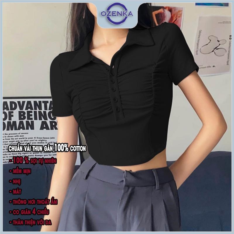 Áo croptop polo cài khuy nhún giữa cộc tay nữ ozenka ,áo thun crt ngắn vạt bầu kiểu màu đen trắng mặc đi học đi chơi