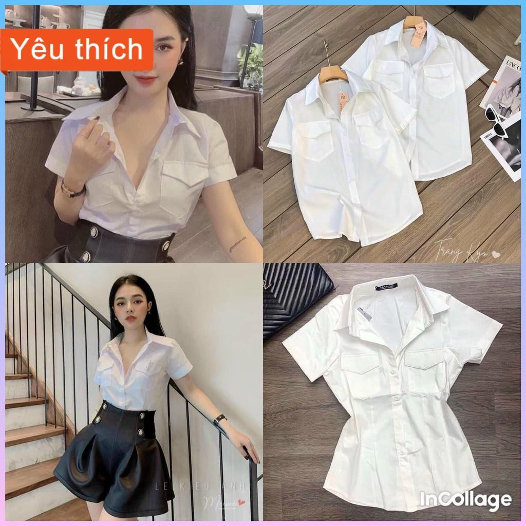 Áo sơ mi trắng cộc tay 2 nắp túi, Áo sơ mi nữ công sở cao cấp kiểu Hàn Quốc form rộng đẹp ngắn tay, ]ÁO SƠ MI TRẮNG CỘC, TAY LỠ CÓ TÚI/ KHÔNG TÚI ULZANG FREESIZE