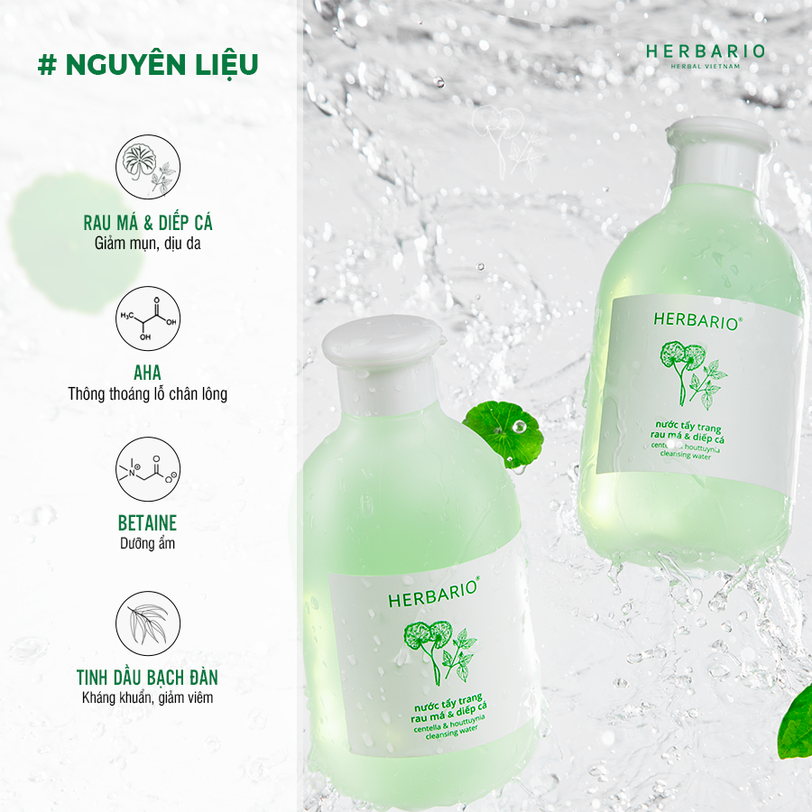 Nước tẩy trang rau má &amp; diếp cá Herbario 300ml làm sạch sâu dịu nhẹ thuần chay