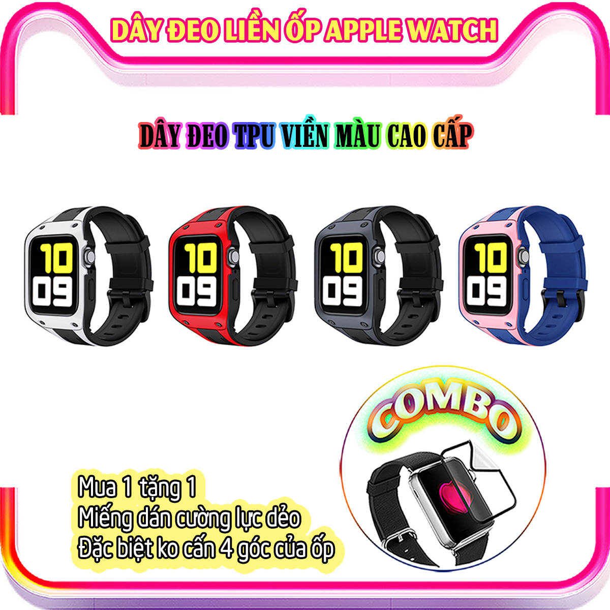 Dây Đeo liền ốp dành cho Apple Watch 7/6/5/4/3/2/1 size 38/40/41/42/44/45mm TPU chống sốc viền màu - nhiều màu