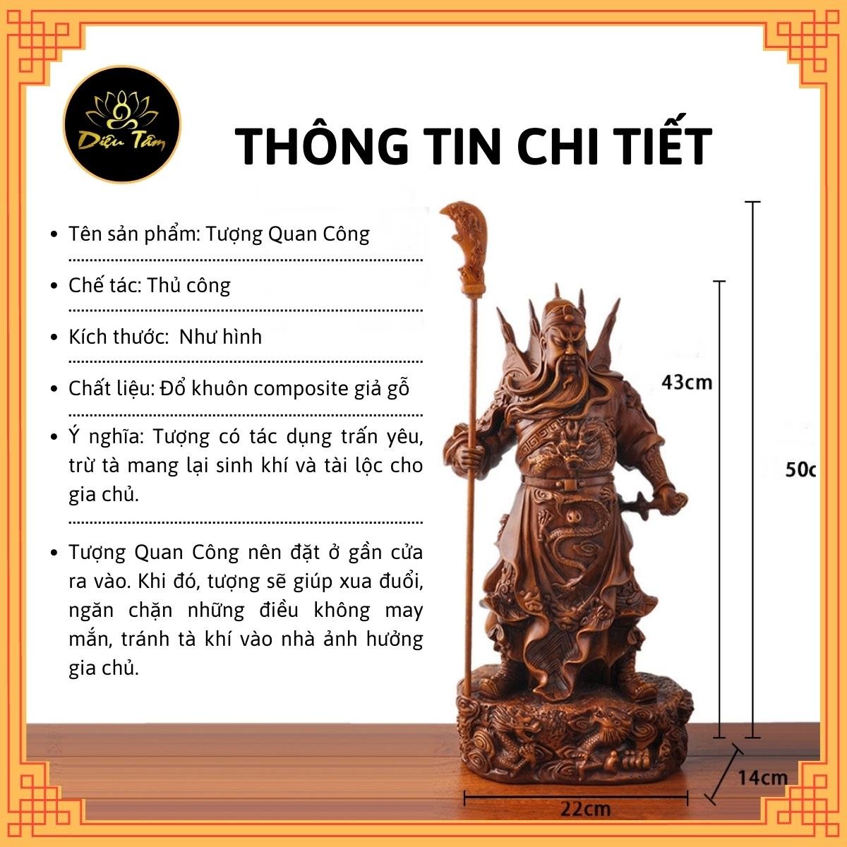 Tượng quan công để bàn trang trí nhà cửa, chấn phong thủy, bảo vệ tài lộc cao 50cm Diệu Tâm