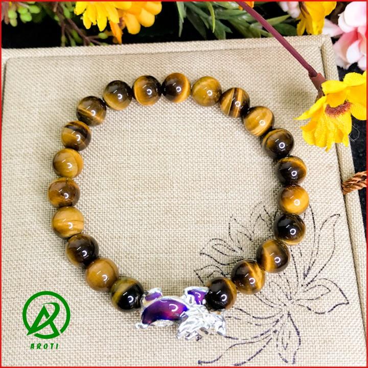 Vòng Tay Phòng Thủy Mệnh Kim-thổ - Vòng Tay Nam Nữ Đá Mắt Hổ Vàng Mix Long Quy Bạc Đổi Màu 8mm V385-8