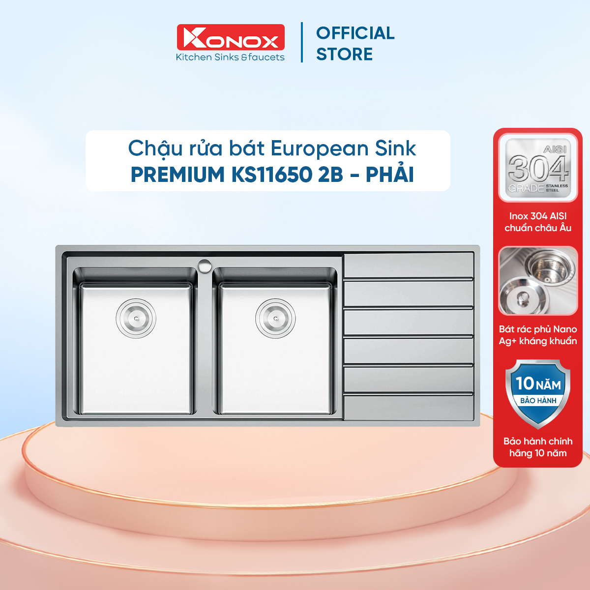 Chậu rửa bát Konox, European Series, Model Premium KS11650 2B , Inox 304AISI tiêu chuẩn châu Âu, 1160x500x215(mm), Hàng chính hãng