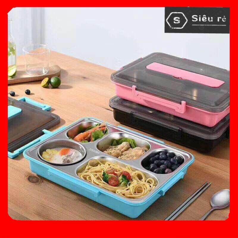 KHAY CƠM 5 NGĂN INOX 304 Giữ Nhiệt Chống Tràn - Hộp Đựng Cơm Văn Phòng - Màu Ngẫu Nhiên