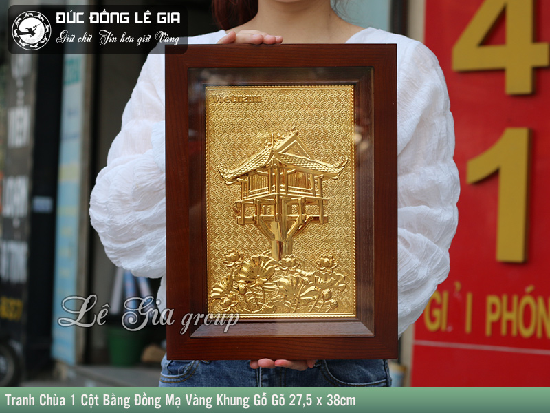 Tranh Chùa Một Cột mạ vàng khung gỗ trò 27,5 x 38cm