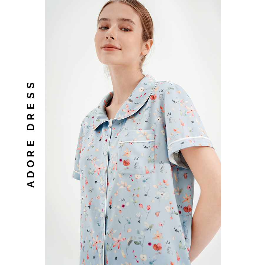 Pijamas tay cộc quần short lụa blue in hoa 311HO2001 ADORE DRESS