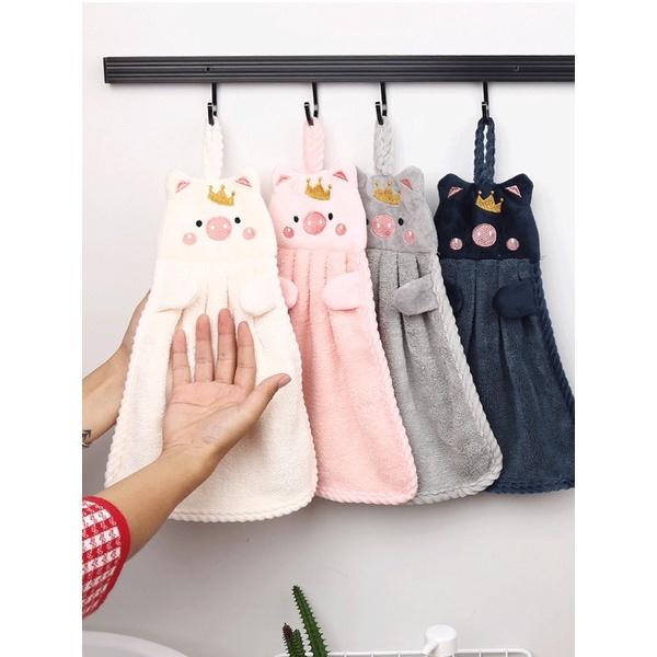 Khăn lau tay nhà bếp có quai treo thêu hoạ tiết HÌNH HEO siêu mềm mại và thấm hút tốt - Khăn lau tay treo tường hình heo