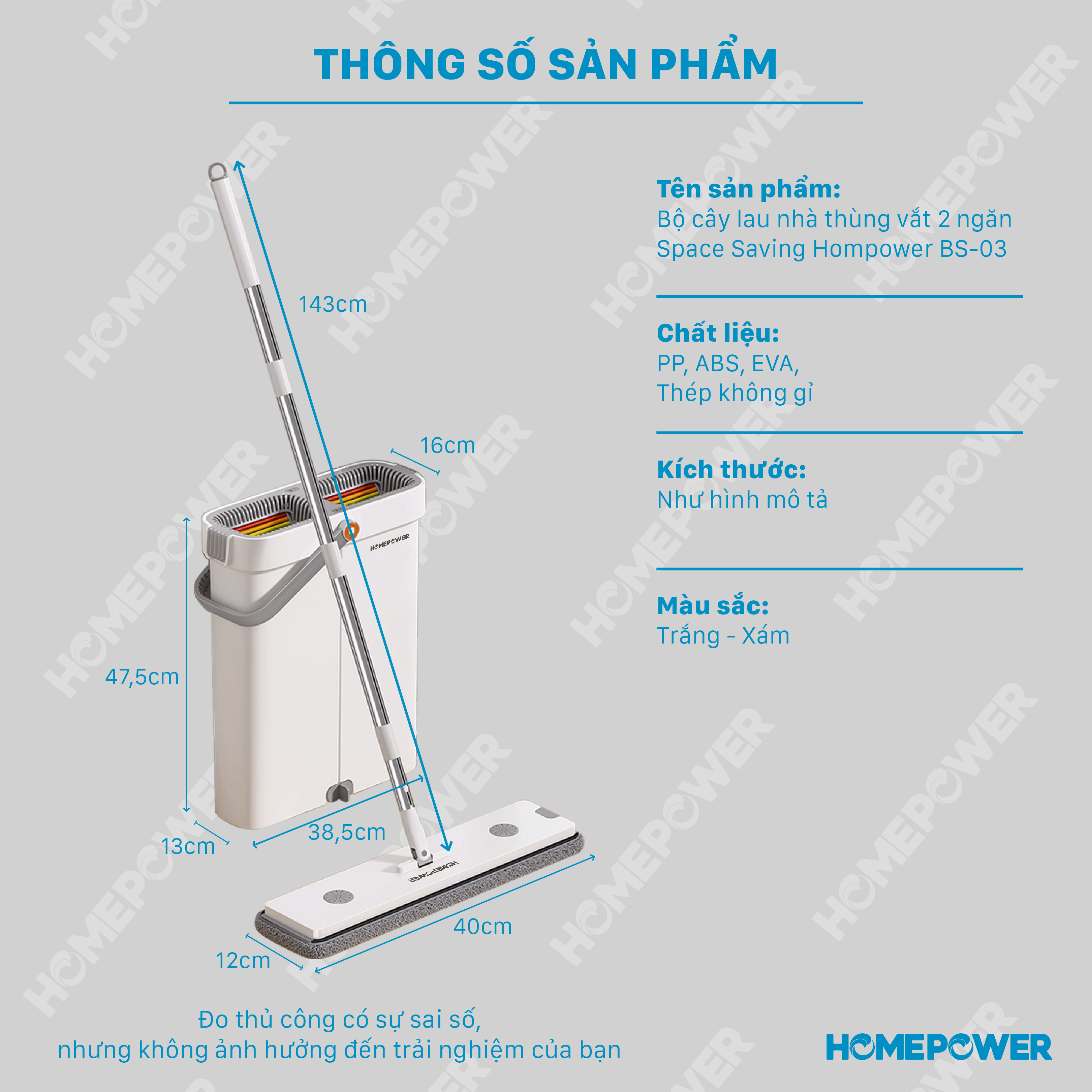 Cây Lau Nhà Tự Vắt Homepower BS-03, Bộ Chổi Lau Nhà Space Saving, 4 Hệ Thống Làm Sạch Mới Gạt Rác, Vắt Khô, Vắt Siêu Khô