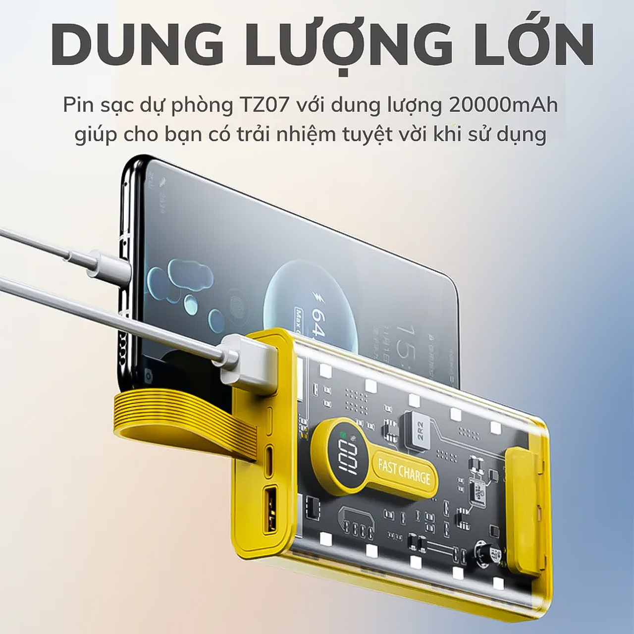 Sạc Dự Phòng Trong Suốt 66W 10000mAH 20000mAh Vinetteam Hỗ Trợ PD Sạc Nhanh, Cáp Đi Kèm, Màn Hình LED - hàng chính hãng