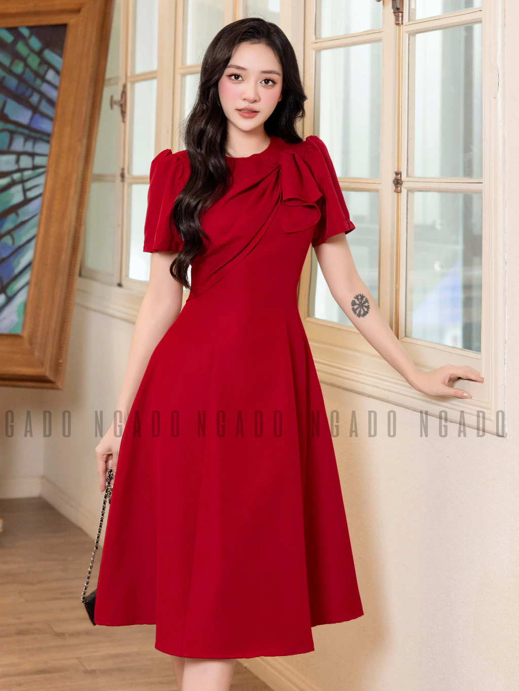 Đầm đỏ xoắn vai NGADO , đầm dự tiệc , đầm công sở