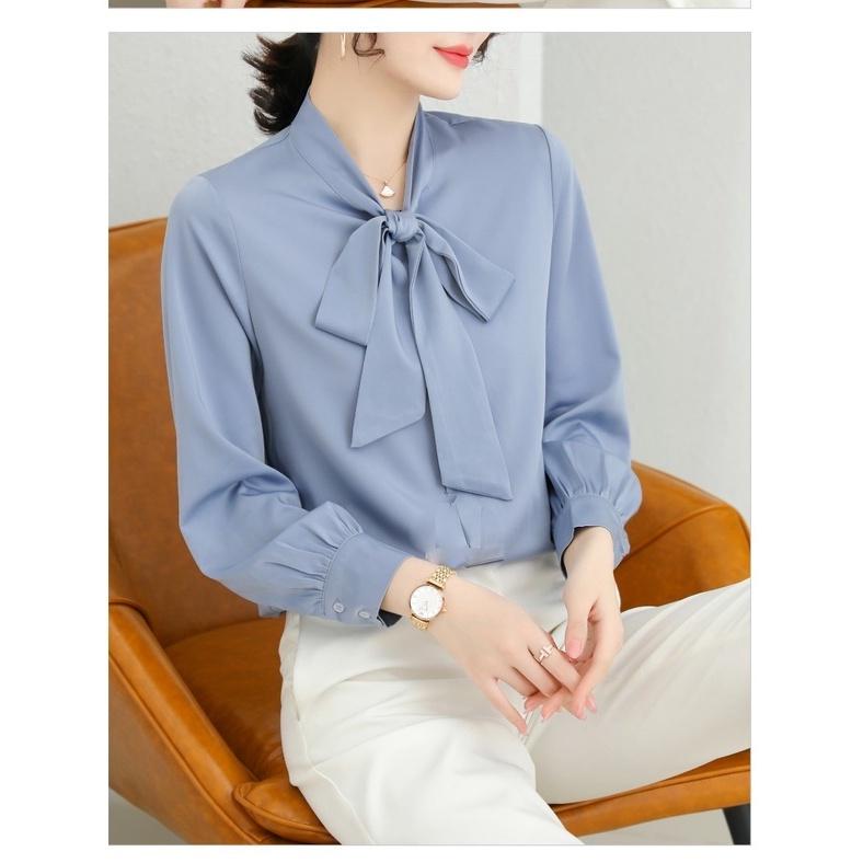 Áo Sơ Mi Kiểu Công Sở Đẹp CHIPY Tay Dài Cổ Thắt Nơ Màu Xanh Chất Lụa Cao Cấp From Rộng Hàn Quốc Ulzzang Vintage A1X