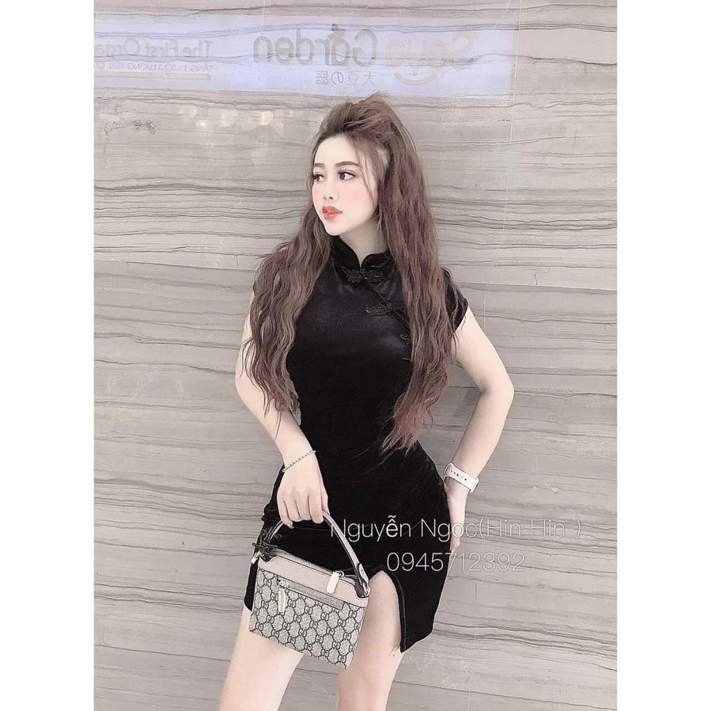 Đầm boddy nữ cổ tàu siêu xinh xẻ tà màu đen