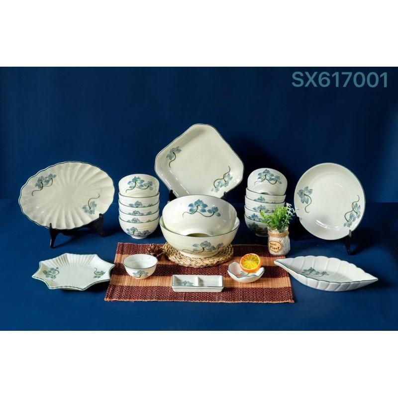 Set bộ bát đĩa họa tiết hoa- đài sen. Gốm sứ Bát Tràng.