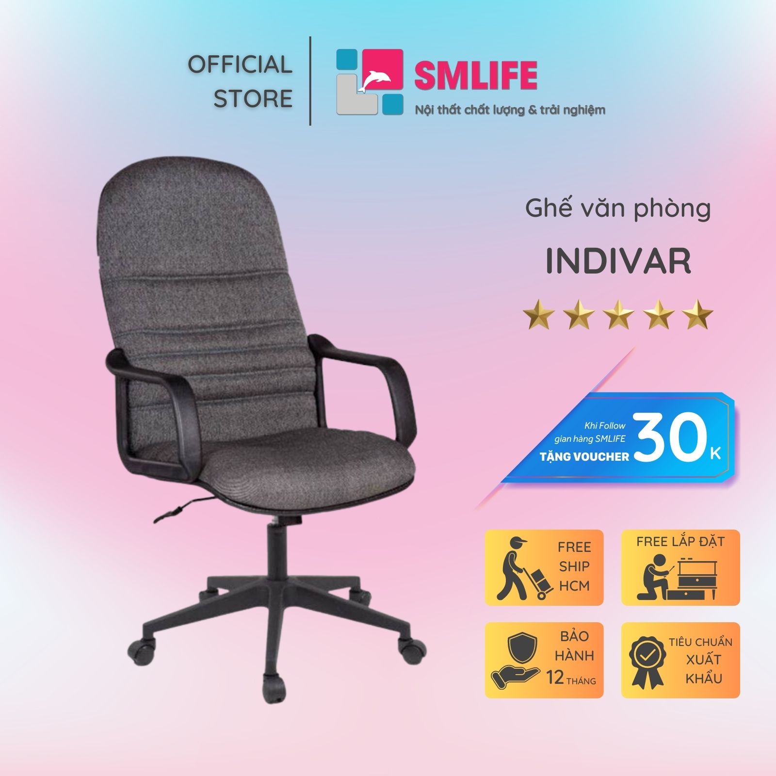 Ghế văn phòng chân xoay lưng cao bọc vải SMLIFE Indivar