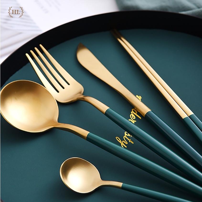 ĐŨA - SÚP - NĨA INOX CAO CẤP KHÔNG MÒN | SET THÌA NĨA INOX PHONG CÁCH TÂN CỔ ĐIỂN HOME LUXURY DECOR XANH TRẮNG