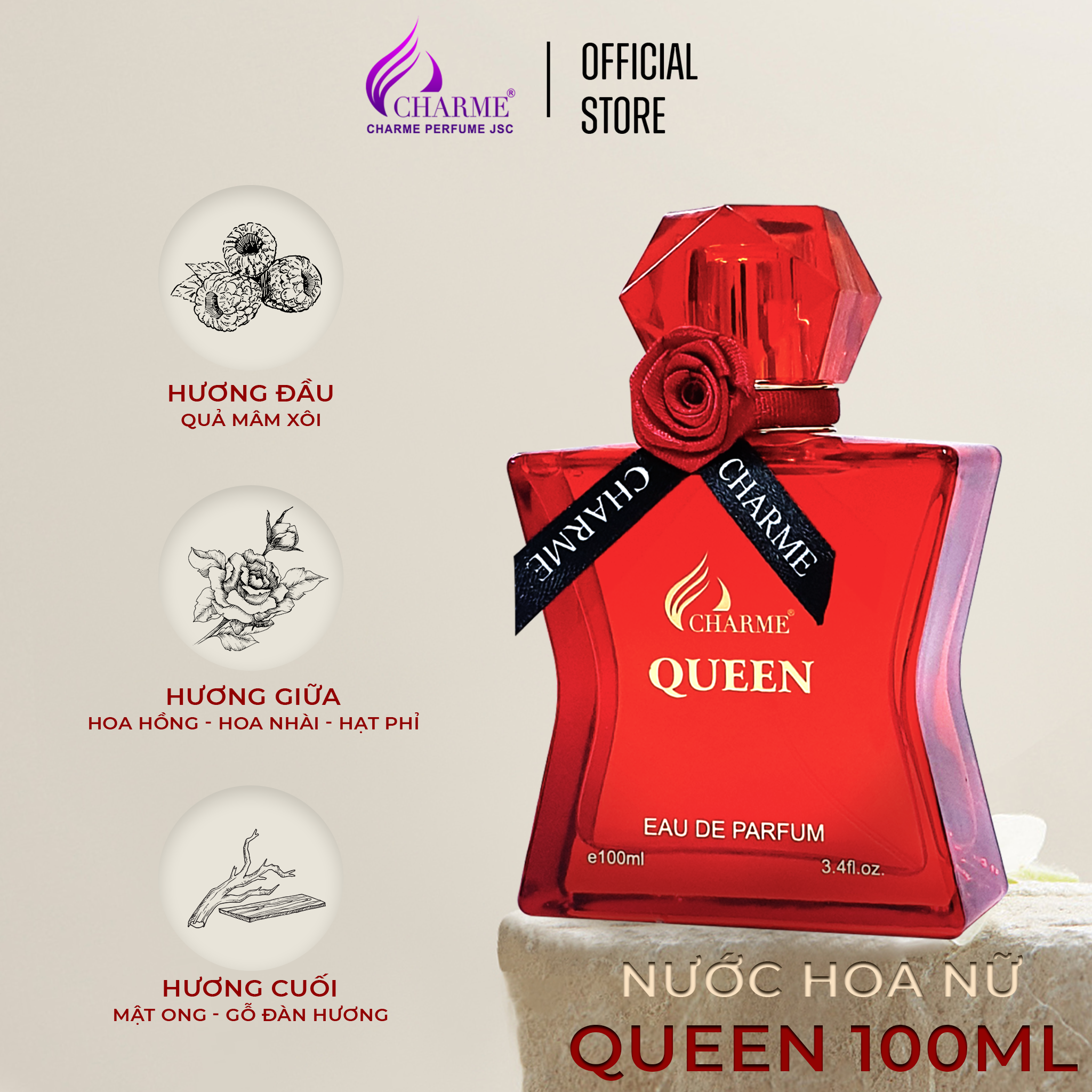 Nước hoa nữ sang trọng, Charme Queen, mùi hương hoa hồng, nồng nhiệt, tươi mát, lưu hương lâu, 100ml