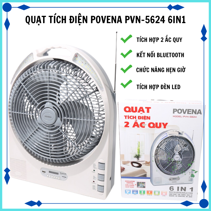 Quạt tích điện POVENA PVN-5624 6IN1 - Hàng chính hãng
