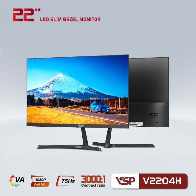 Màn hình máy tính 22inch VSP V2204H [ĐEN] (21.5&quot; VA FHD 75Hz, HDMI+VGA) Phẳng LED Tràn Viền - Hàng chính hãng VSP phân phối