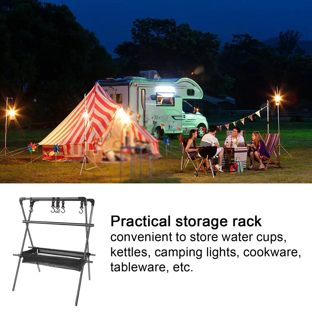 Outdoor Tripod Stand Aluminum Alloy Foldable Storage Rack Camping Cookware Clothes Hanger with Mesh Pouch for Camping