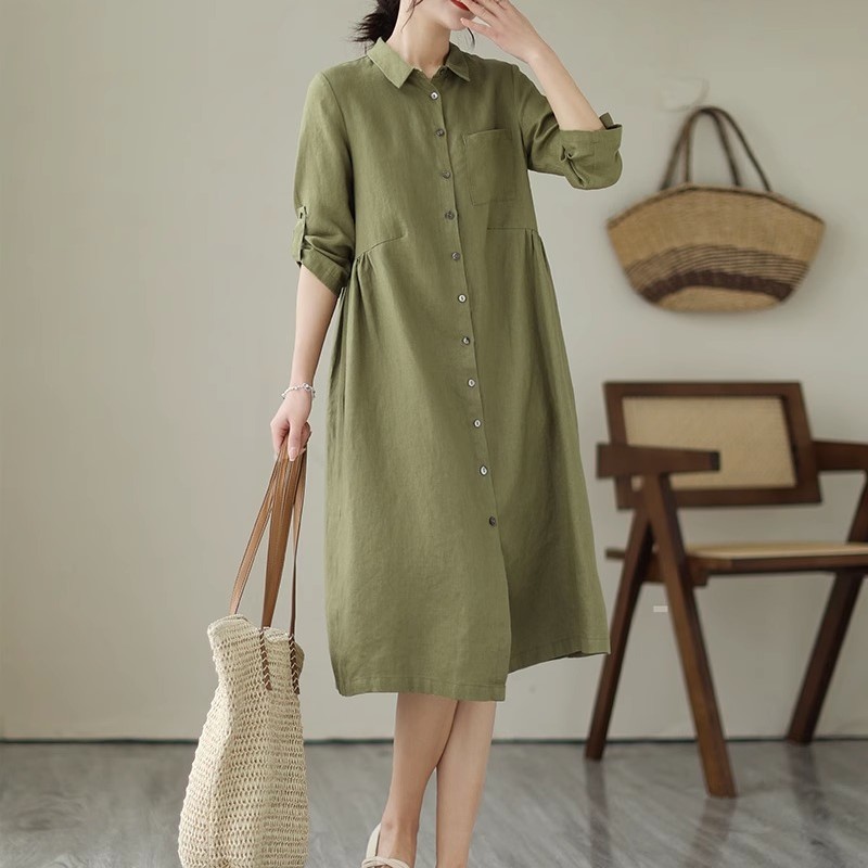 Váy đầm sơ mi Đũi Việt dáng dài tay lỡ, váy công sở đi làm thanh lịch chất Linen cao cấp