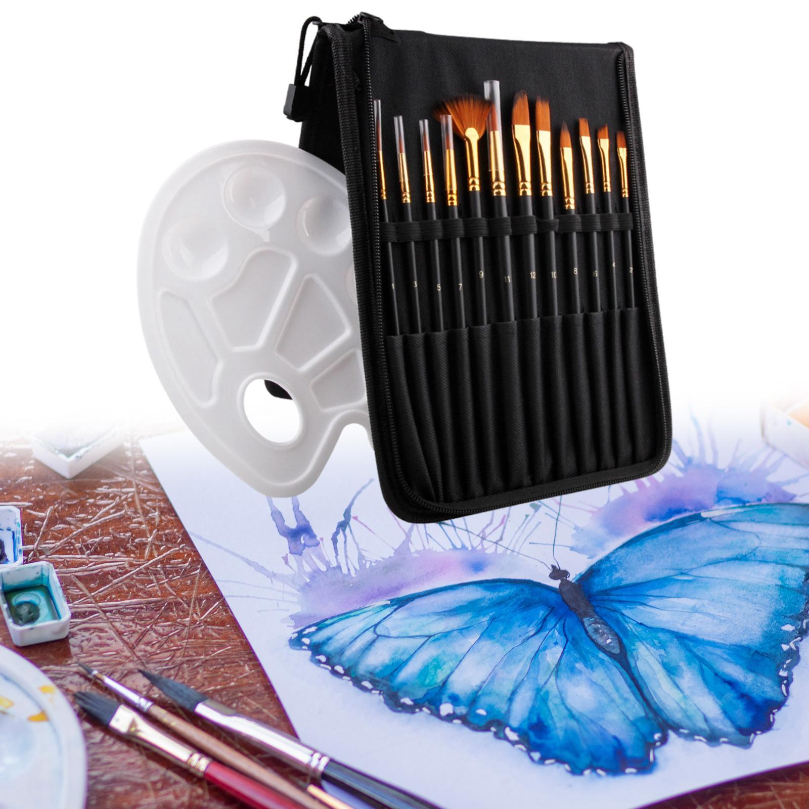 14 Pack Paint Brush Set with 12 Brushes, 1 Palette and 1 Carrying Case for Watercolor, Oil, Acrylic Painting