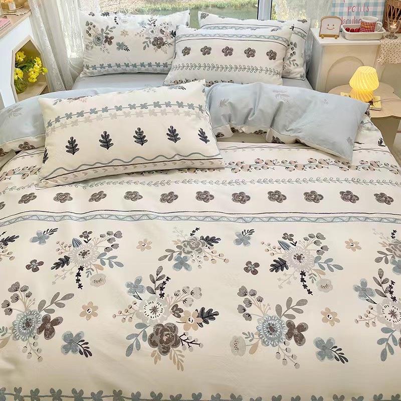 Bộ Chăn Ga Gối Côtton Living 100%cotton Hàng Nhập Khẩu Cao Cấp 4 Món Hoa Xanh