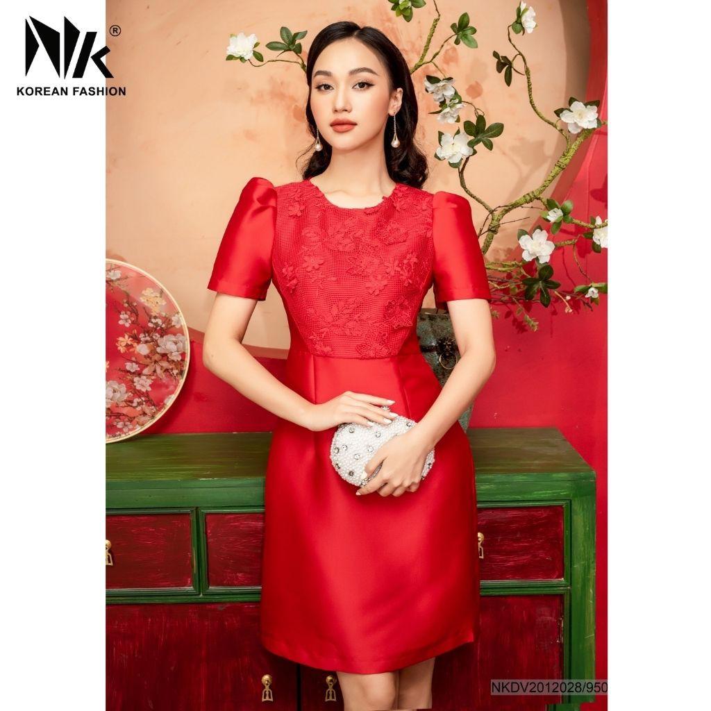 Váy Thiết Kế Nữ Dáng Chữ A NK FASHION Cổ Tròn Tay Bồng Phối Ren, Vải Gấm Cao Cấp NKDV2012028