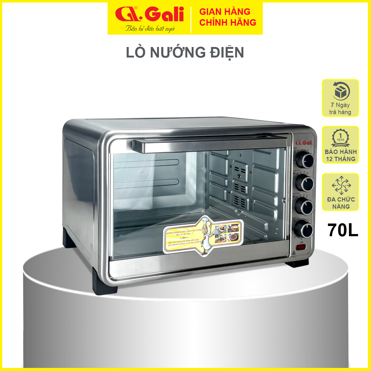 Lò nướng điện đa năng dung tích lớn 70 lít, có đèn, xiên quay, quạt đối lưu, hàng chính hãng Gali bảo hành 12 tháng.