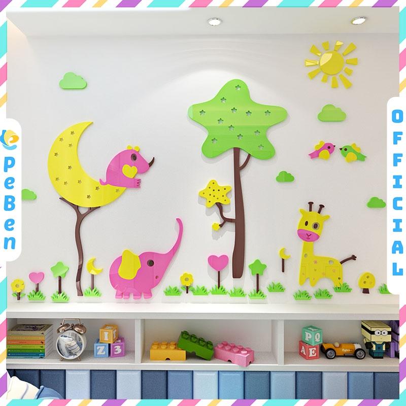 Tranh dán tường mica 3d decor khổ lớn khu vườn thú dễ thương trang trí mầm non, mẫu giáo, phòng cho bé
