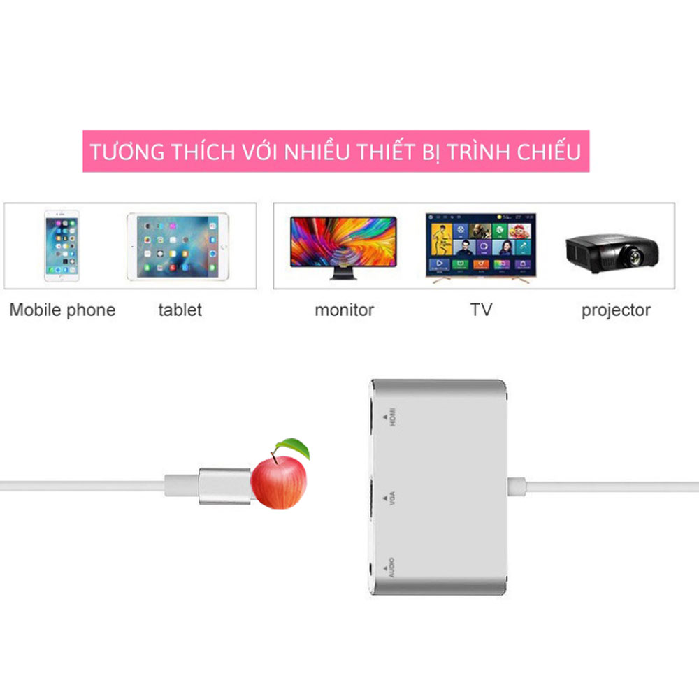 Cáp Chuyển Đổi Iphone/Ipad/Ipod Ra HDMI / VGA / USB /Lighting SeaSy, Chuyển Đổi Lighting Ra HDMI Full HD, Cổng VGA Full HD, Cổng USB, Cổng Sạc Lighting, Cổng Audio, Hình Ảnh Độ Nét Cao, Chất Liệu Nhôm Cao Cấp, Dùng Cho Iphone, Ipad, Ipod – Hàng Chính Hãng