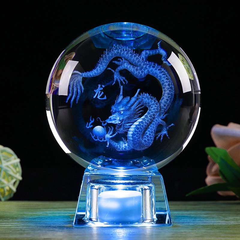 Quả cầu pha lê khắc 3D phong thủy Rồng thần nhả ngọc - đế đèn led 7 màu - S02