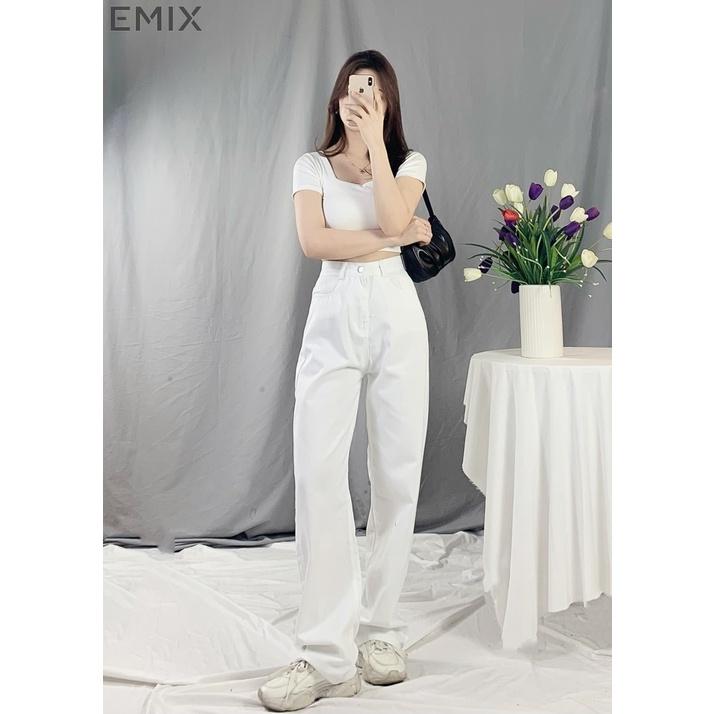 Quần jean đi học EMIX (3 màu), ulzzang, dáng dài, cạp cao, ống suông rộng, có đai, túi, chất jean mềm nhẹ 240